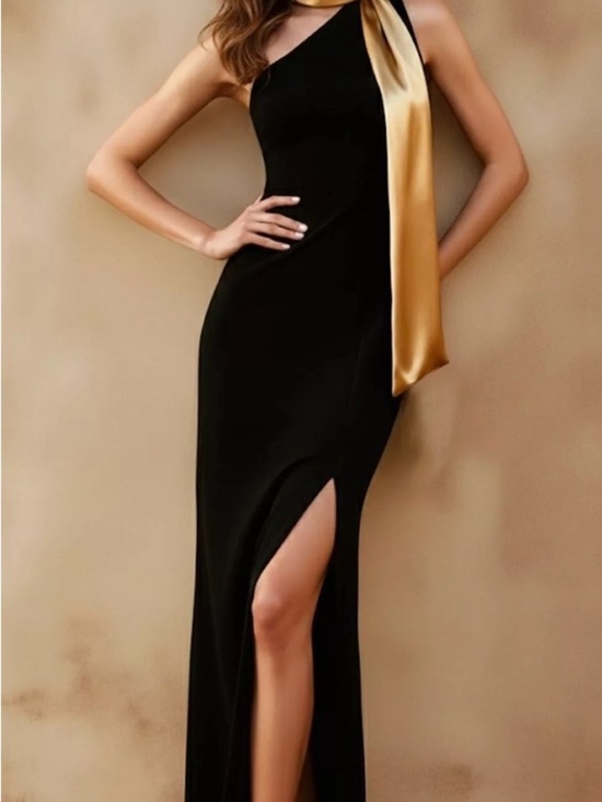 One-Shoulder Black Evening Gown with Gold Scarf. Plus Size Available - Picture 3 of 5